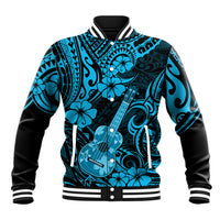 Sky blue and black Polynesian-pattern baseball jacket with guitar motifs, ribbed collar