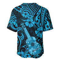 Blue and black Hawaiian baseball jersey, all-over back pattern with guitars and flowers