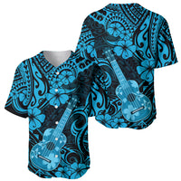 Blue and black Hawaiian baseball jersey with guitar and hibiscus print, short sleeves