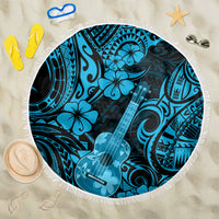 Round beach blanket, blue polynesian ukulele pattern with fringe border