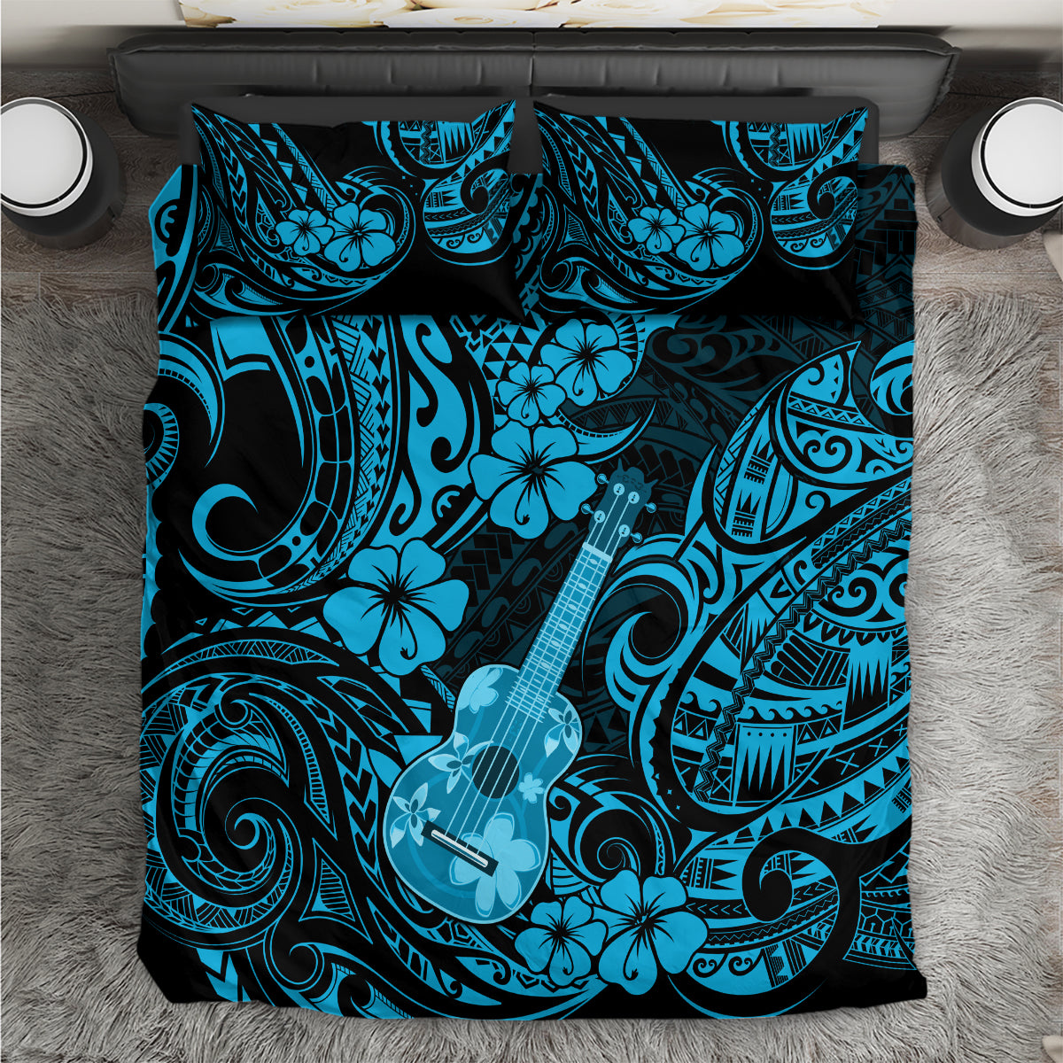 Polynesian ukulele bedding set with blue floral pattern and light-blue guitar motif