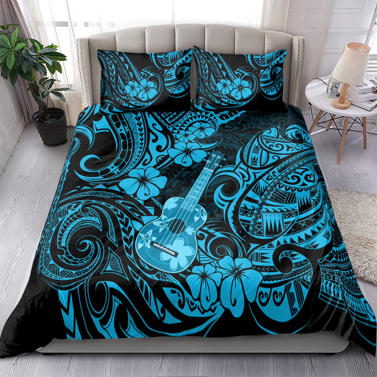 Polynesian ukulele bedding set with comforter and pillowcases in blue floral pattern