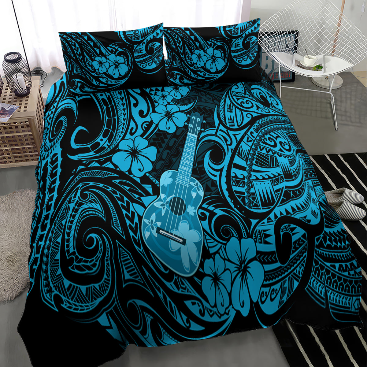 Polynesian ukulele bedding set with blue comforter and matching patterned pillowcases