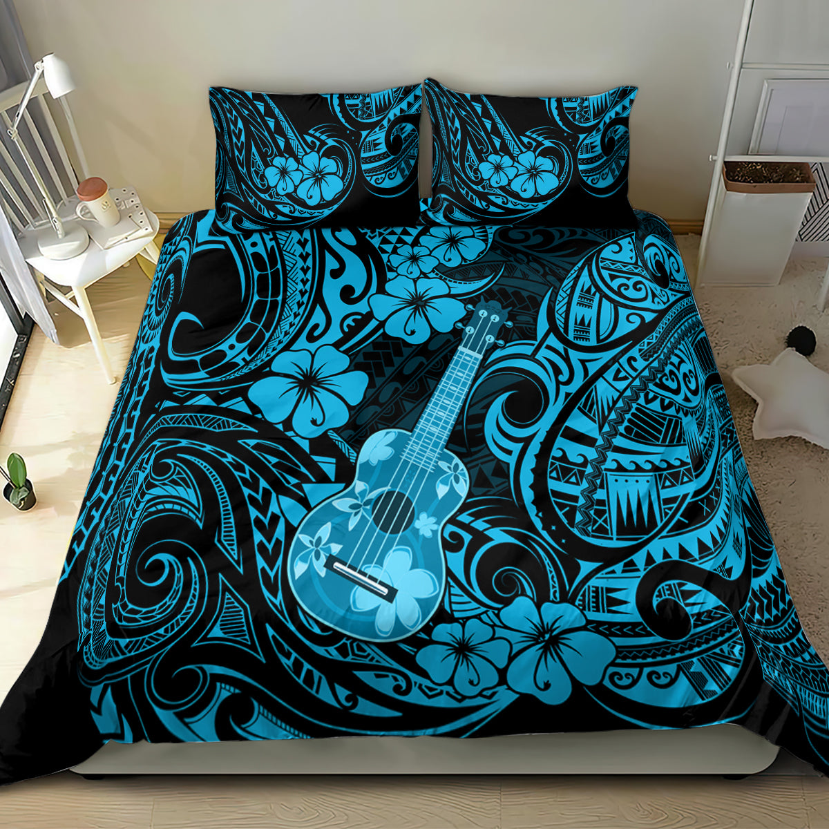 Polynesian ukulele bedding set with blue comforter featuring guitar and floral pattern
