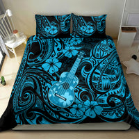 Polynesian ukulele bedding set with blue comforter featuring guitar and floral pattern