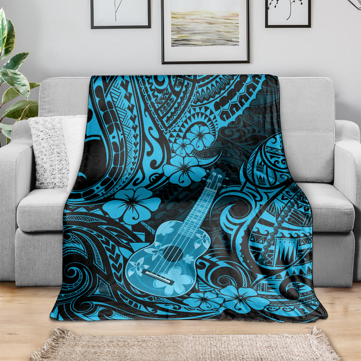 Hawaiian ukulele blanket, sky blue tribal pattern with ukulele and hibiscus-style flowers