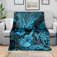 Hawaiian ukulele blanket, sky blue tribal pattern with ukulele and hibiscus-style flowers