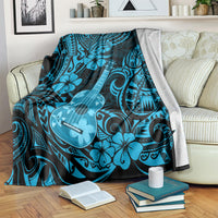 Hawaiian ukulele blanket on sofa, sky blue tribal swirls with flower and ukulele graphics