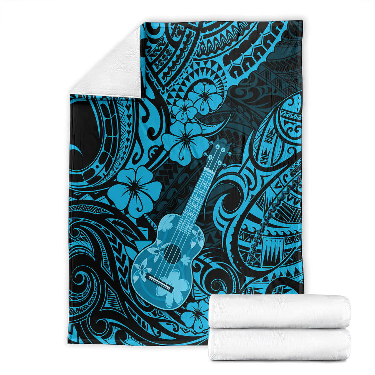 Hawaiian ukulele blanket flat with rolled white towels, sky blue tribal ukulele-and-flower design