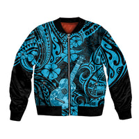 Unisex bomber jacket, sky-blue Polynesian guitar-and-flower print, front zip, black sleeves