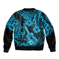 Unisex bomber jacket with sky-blue Polynesian guitar and flower pattern, black ribbed cuffs