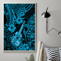 Framed polynesian ukulele canvas wall art, blue floral pattern with ukulele guitar