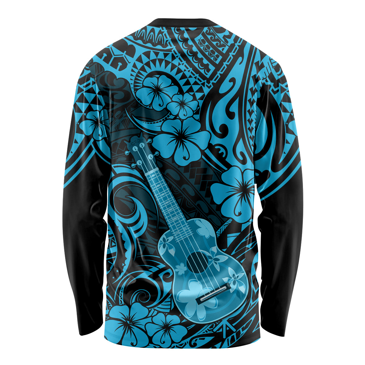 Unisex long sleeve shirt, back view, sky blue Polynesian ukulele and hibiscus pattern
