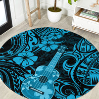 Round blue Polynesian pattern carpet with ukulele graphic and black tribal swirl accents
