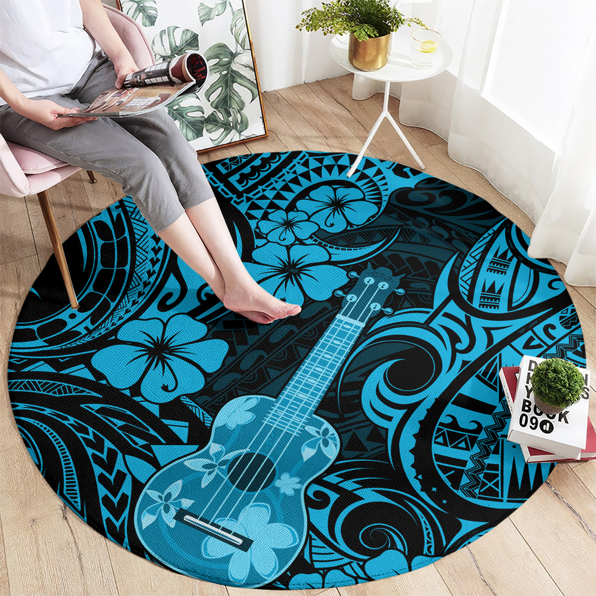 Round blue Polynesian ukulele carpet with hibiscus motifs and bold tribal wave designs