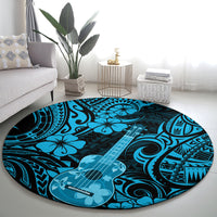 Round blue Polynesian ukulele carpet with floral and wave patterns, dark swirl details