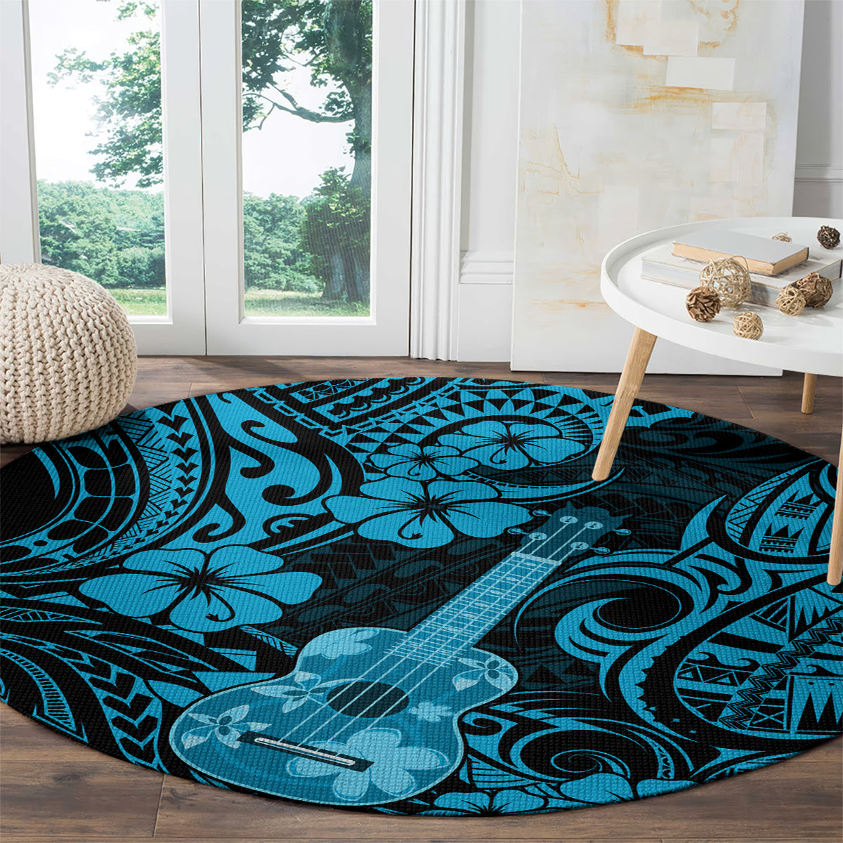 Round blue Polynesian ukulele carpet with hibiscus flowers and tribal swirl linework