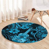 Round blue Polynesian pattern area rug with ukulele illustration and geometric wave motifs