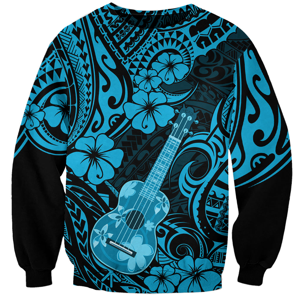 Unisex sweatshirt with teal and blue Hawaiian ukulele print, black sleeves and cuffs
