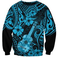 Unisex sweatshirt with teal and blue Hawaiian ukulele print, black sleeves and cuffs