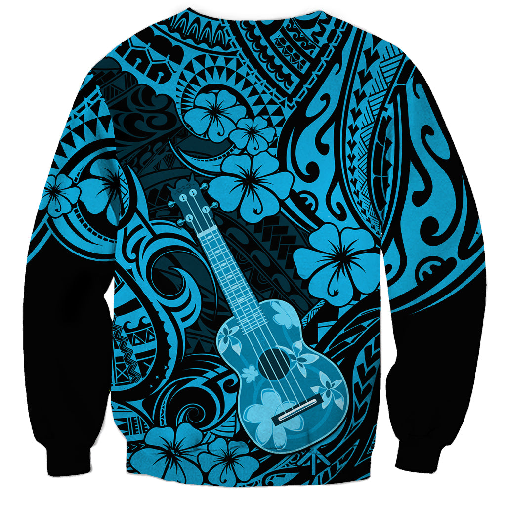 Unisex sweatshirt with blue Hawaiian ukulele and hibiscus pattern, black cuffs and hem