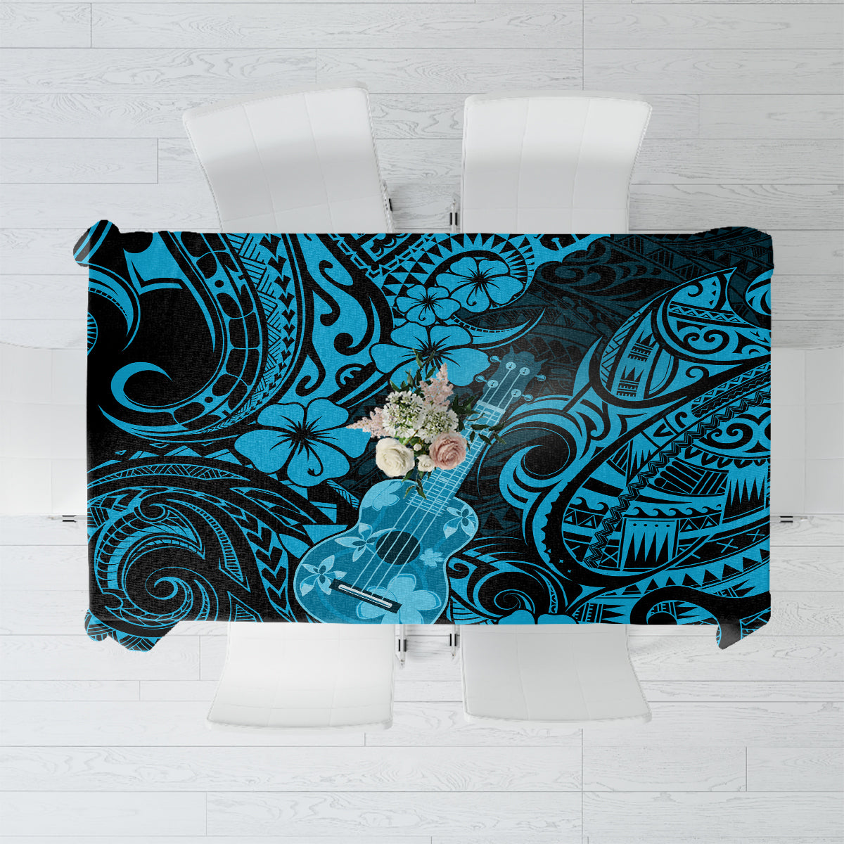 Blue Polynesian ukulele tablecloth with black swirl and flower motifs