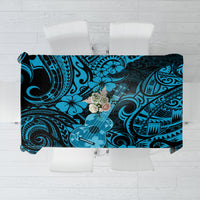 Blue Polynesian ukulele tablecloth with black swirl and flower motifs