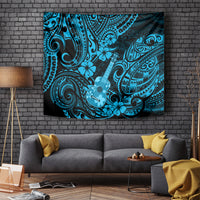 Blue Polynesian ukulele tapestry with ornate swirl and flower pattern