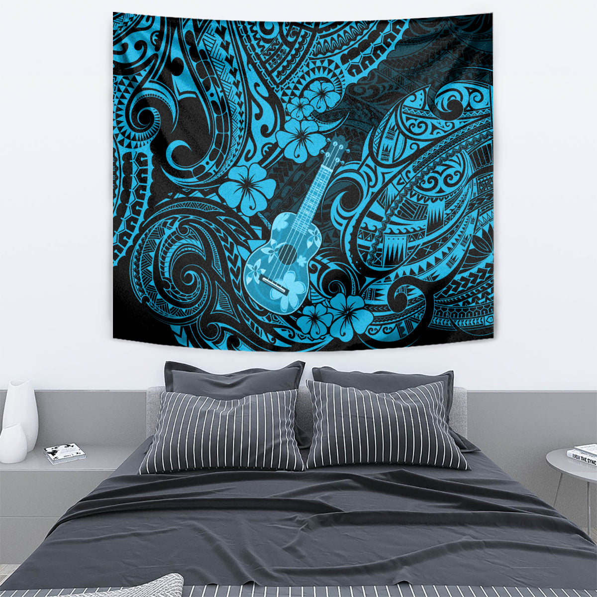 Blue Polynesian ukulele tapestry, ornate swirls and hibiscus flowers