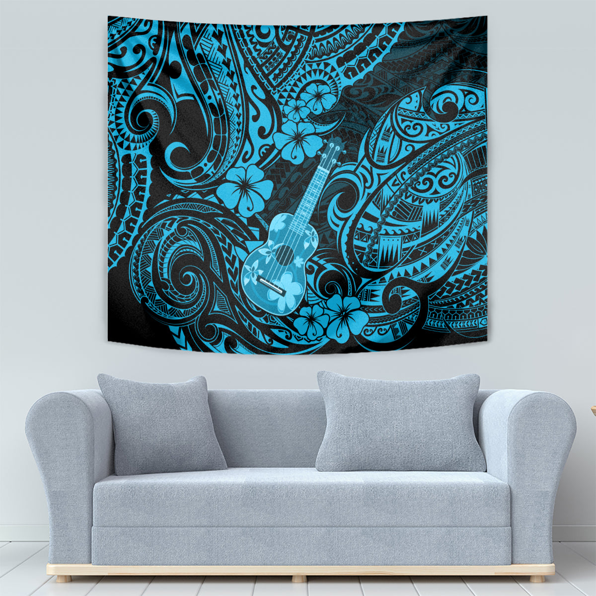 Blue Polynesian ukulele tapestry with bold tribal swirls and hibiscus flowers
