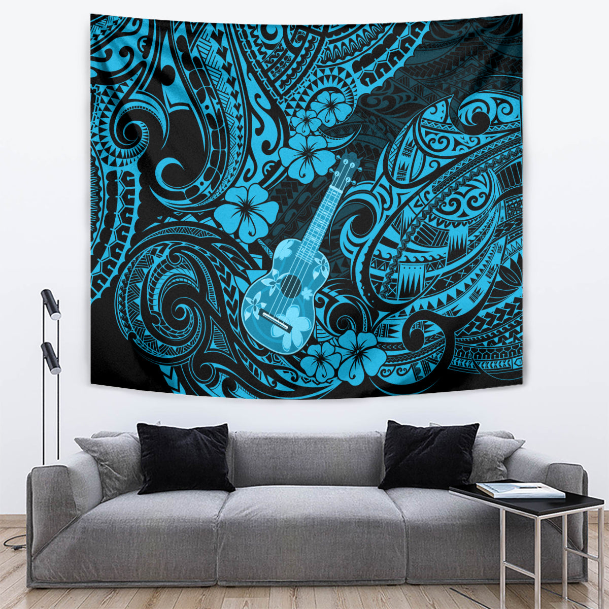 Blue Polynesian ukulele tapestry with centered ukulele icon and detailed patterns