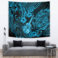 Blue Polynesian ukulele tapestry with centered ukulele icon and detailed patterns