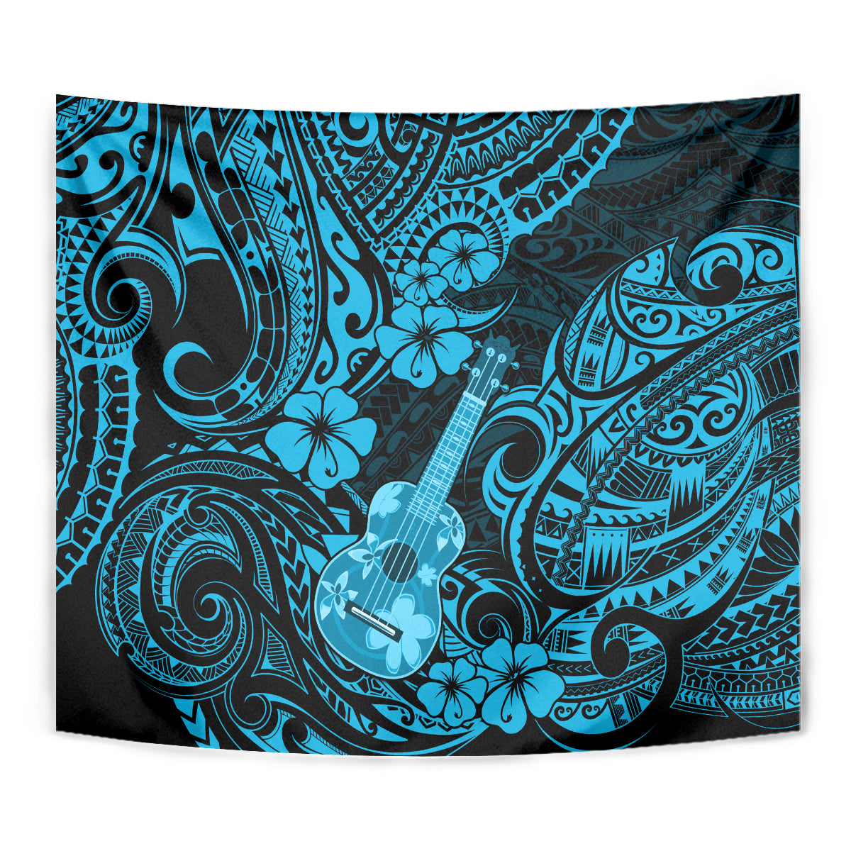 Blue Polynesian ukulele tapestry close-up with ukulele motif and floral swirls