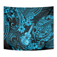 Blue Polynesian ukulele tapestry close-up with ukulele motif and floral swirls