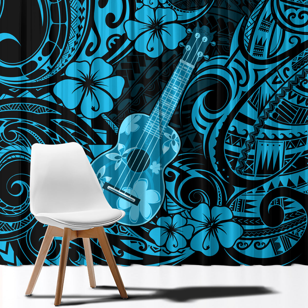 Blue Polynesian window curtain panel with ukulele illustration, swirls, and hibiscus
