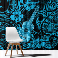 Blue Polynesian window curtain panel with ukulele illustration, swirls, and hibiscus