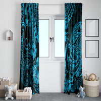 Blue Polynesian pattern window curtains, full-length panels with swirls and hibiscus details