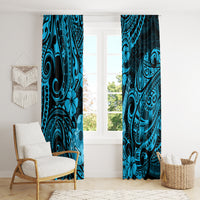 Hawaii-style blue window curtain pair with bold tribal wave motifs and hibiscus flowers