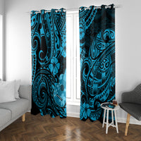Blue Polynesian pattern window curtain panels, draped at a window with decorative motifs