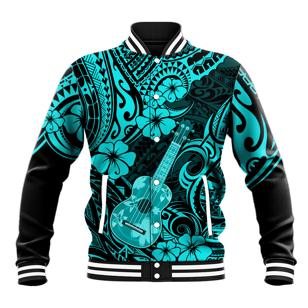 Turquoise polynesian baseball jacket with guitar and floral print, button front, ribbed cuffs