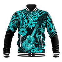 Turquoise polynesian baseball jacket with guitar and floral print, button front, ribbed cuffs
