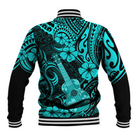 Turquoise polynesian baseball jacket back with guitar, hibiscus and swirl print, ribbed hem