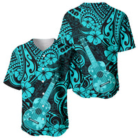 Turquoise polynesian baseball jersey with ukulele and flower pattern, two guitars, V-neck