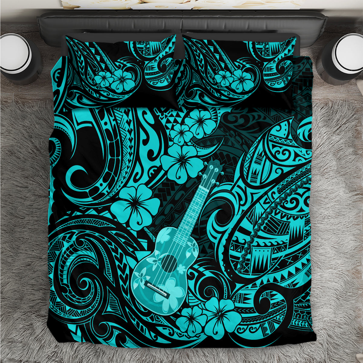 Turquoise Polynesian bedding set with ukulele and floral pattern, duvet and pillowcases