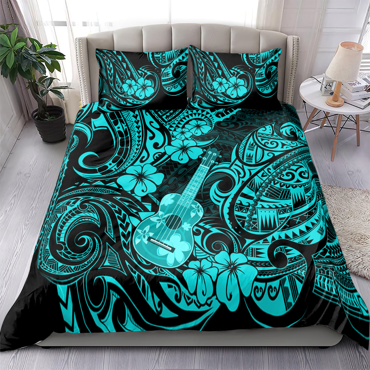 Turquoise Polynesian bedding set featuring ukulele print on duvet with matching pillowcases