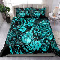 Turquoise Polynesian bedding set featuring ukulele print on duvet with matching pillowcases