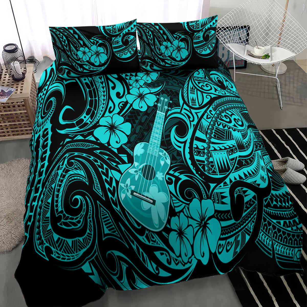 Turquoise Polynesian duvet cover with ukulele and tropical flower pattern, plus pillowcases