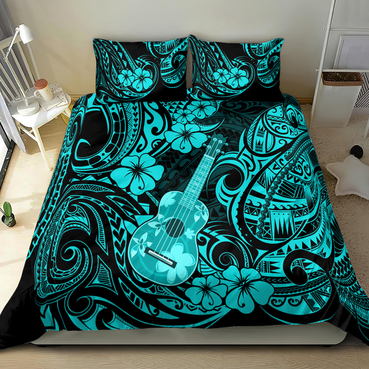 Turquoise Polynesian bedding set with ukulele graphic and ornate floral pattern, duvet and pillows