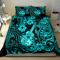 Turquoise Polynesian bedding set with ukulele graphic and ornate floral pattern, duvet and pillows