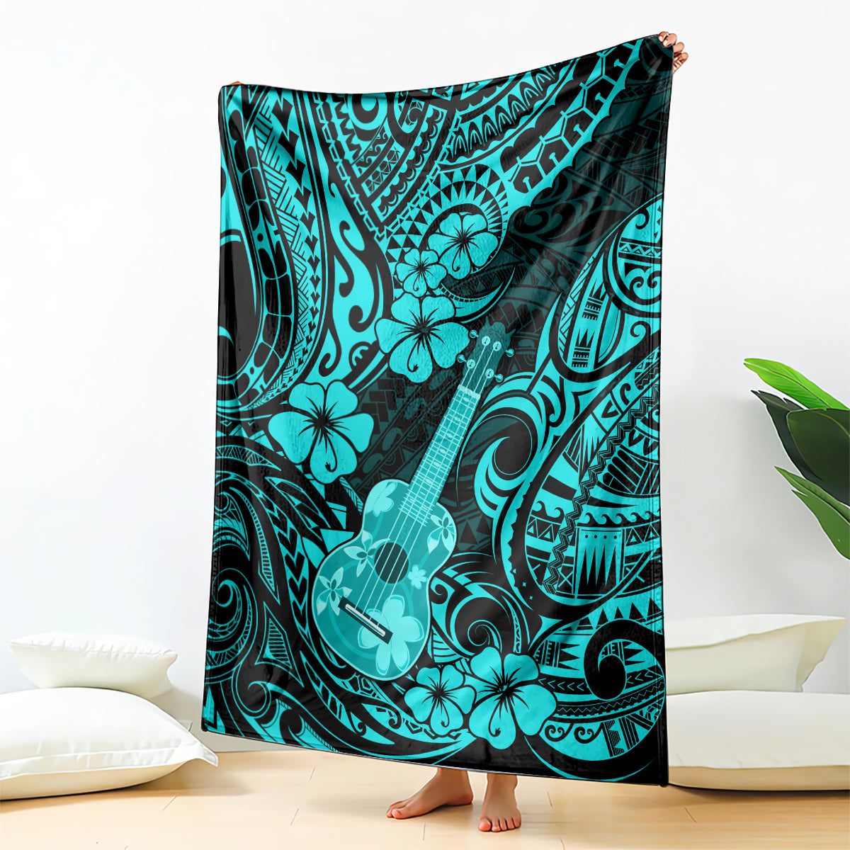 Turquoise Polynesian patterned ukulele blanket with hibiscus flowers and swirling motifs